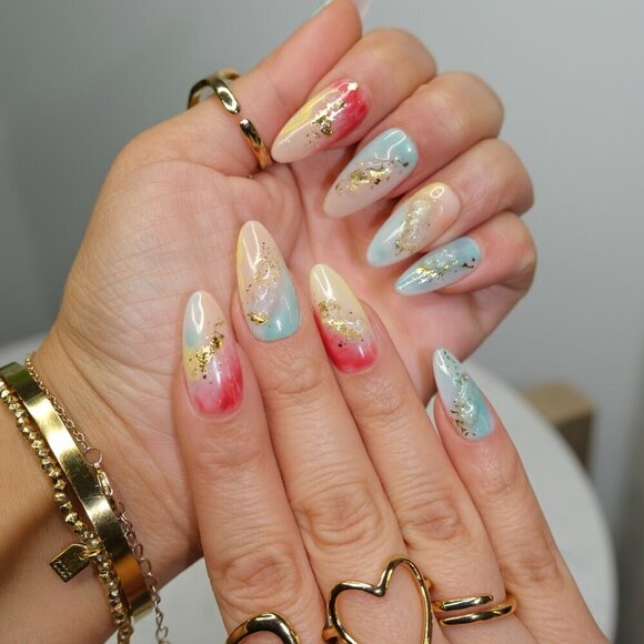 tipsy Handmade Press On Nails | Almond Medium | Abstract Art | Golden Hour Glow - Picture 4 of 14